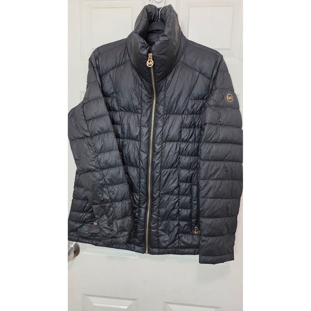 Michael Kors Packable Down Puffer Jacket Women's M Black Gold Zip Quilted Coat